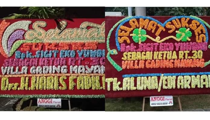 Menang pemilihan ketua RT di Kota Jambi, Sigit Eko Yuwono dibanjiri papan bunga bak menang di Pemilihan Kepala Daerah. Foto : Papan Bunga