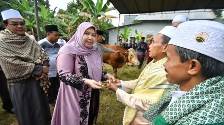 Bupati saat menyerahkan hewan qurban bagi pengurus masjid At Taqwa Km 20 Sebapo, Kecamatan Mestong, Kabupaten Muaro Jambi, Minggu (11/08/2019) pagi
