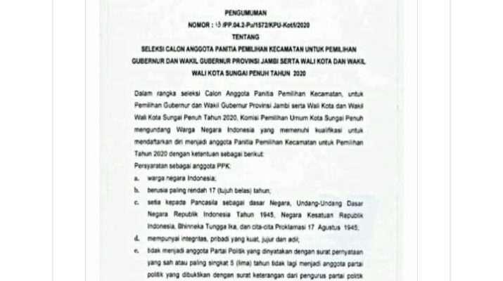 KPU Kota Sungai Penuh Buka Pendaftaran Seleksi Calon Anggota PPK