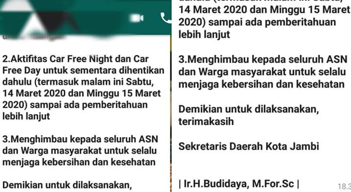 Beredar, Antisipasi Corona di Jambi, Car Free Day Dihentikan