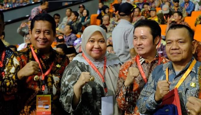 Bupati Muaro Jambi Hj Masnah Busro hadiri Rakornas Penanggulangan Bencana, Selasa (04/2/20). Presiden RI, Joko Widodo membuka langsung acara.
