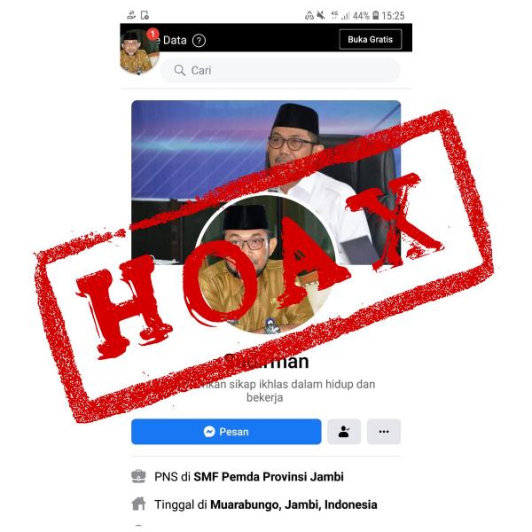 Terkait adanya akun facebook atas nama Sudirman, Pj Sekda Provinsi Jambi terkonfirmasi hoax. Beredarnya akun tersebut, cukup membuat heboh.