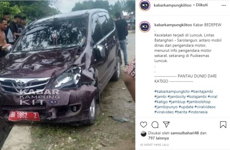 Kecelakaan kali ini melibatkan antara mobil Dinas dan pengendara sepeda motor di kawasan Durian Luncuk, Jalan lintas Batanghari-Sarolangun