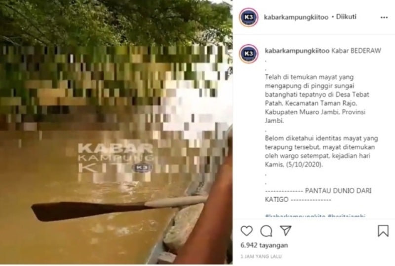 Penemuan mayat yang mengapung di pinggir sungai Batanghari, tepatnya di Desa Tebat Patah, Kecamatan Taman Rajo, Kabupaten Muaro Jambi.