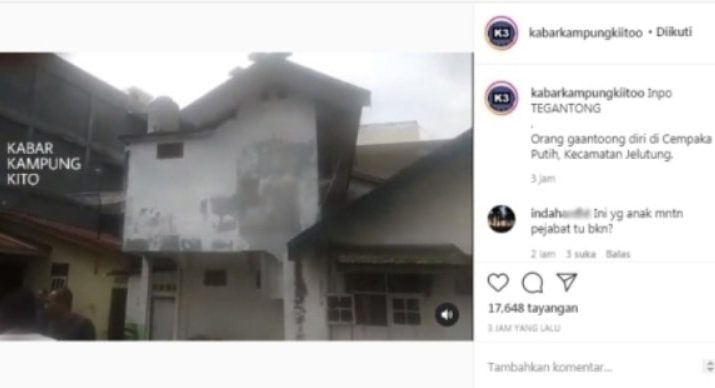 Seorang warga di Jambi yang tewas akibat gantung diri. Di ketahui peristiwa ini terjadi di kawasan Cempaka Putih, Kecamatan Jelutung, Jambi. Foto :Tangkapan Layar