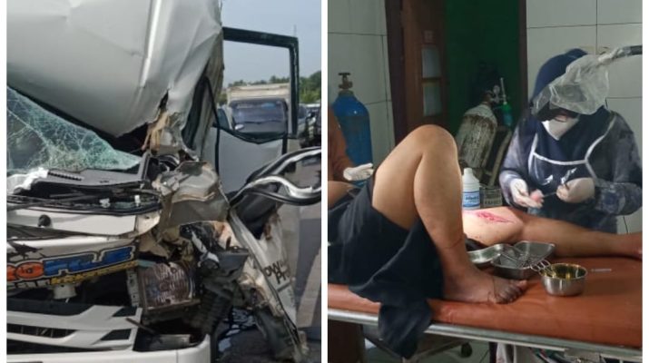 Kejadian kecelakaan lalu lintas terjadi di Lintas Sumatera. Kecelakaan Mikrobus tabrak Fuso parkir di Kecamatan Mestong, Selasa (22/12/20)