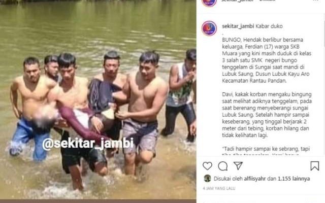 Seorang pelajar salah satu SMK di Bungo, mengalami nasib naas. lantaran, salah satu pelajar SMK di Bungo tersebut tenggelam saat mandi.