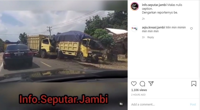 Lakalantas kembali terjadi di Provinsi Jambi. tabrakan yang melibatkan 2 mobil batu bara ini membuat jalan di sekitar lokasi kejadian