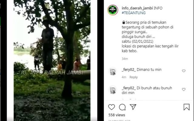 Seorang Pria di Tebo di temukan warga tewas tergantung di sebuah pohon. Sontak, hal ini membuat geger warga sekitar, Sabtu, (02/01/21).