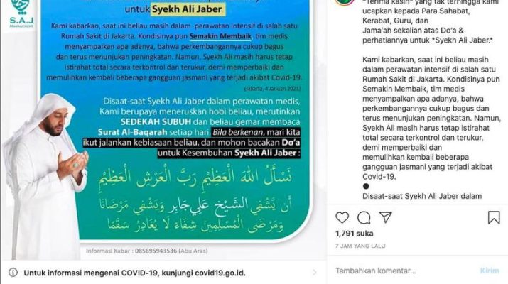 Kondisi Syekh Ali Jaber yang kini tengah mendapat perawatan akibat terpapar Covid-19, kian membaik. Di ketahui, beberapa waktu lalu,