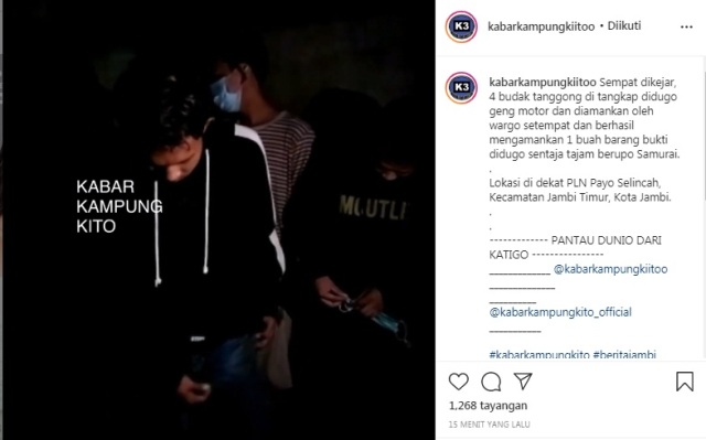 Aksinya yang kerap kali membuat resah masyarakat, Lagi-lagi geng motor di Jambi di ringkus oleh warga, Sabtu (16/01/2021).
