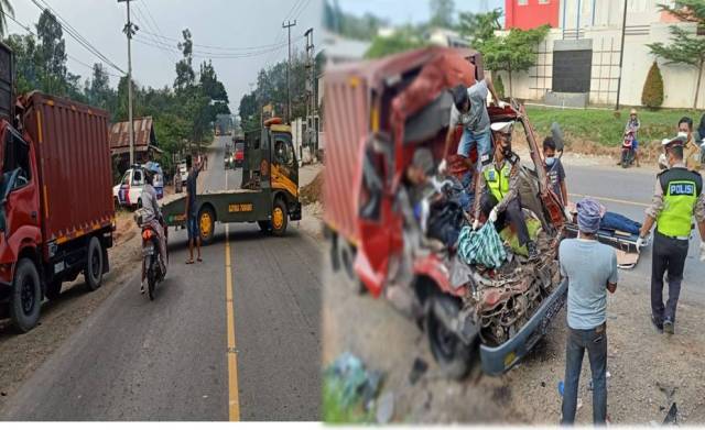 Lakalantas kembali terjadi, kali ini berada di kawasan Mestong antara mobil box dan truk Fuso yang tewaskan 2 orang, Selasa (16/02/2021) dini hari.