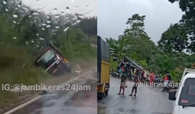 Kisah kelam arus lalu lintas kembali menimbulkan tragedi kecelakaan. Kali ini, di tengah rintik hujan sebuah truk terguling di kawasan jalan lintas Tungkal Ulu Provinsi Jambi, Sabtu (17/04/2021). 
