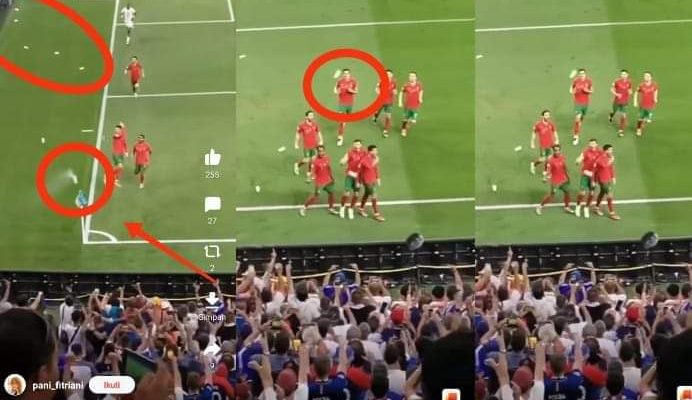 Beredar sebuah video yang kini tengah viral di media sosial, di mana usai mencetak gol saat melawan Prancis EURO 2020 belum lama ini, Ronaldo dilempar botol oleh para supporter. Di duga, itu botol Coca-Cola.