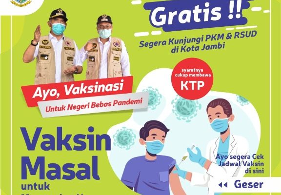 Pemkot Jambi buka vaksinasi tahap III buat masyarakat umum di kota Jambi, yang di mulai sejak tanggal 1 Juli 2021 kemarin. Bagi masyarakat yang ingin vaksin agar segera mendatangi Puskesmas hingga rumah sakit Umum yang ada di Kota Jambi.