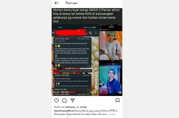 Baru-baru beredar kabar bahwa ada seorang wanita yang tengah melakukan kegiatan KKN di Batusangkar, di duga di hipnotis dan di bawa kabur oleh seorang pria. Kabarnya, ke arah Kerinci Provinsi Jambi. Apakah benar? 