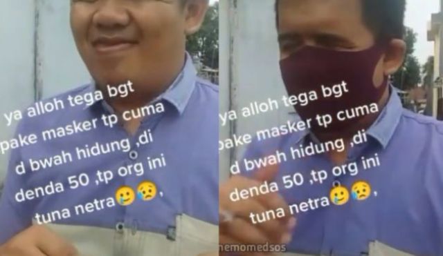 Baru-baru ini, beredar sebuah video viral seorang pria tunanetra didenda 50 ribu, karena pakai masker dibawah hidung. Tak ayal, hal ini sontak gegerkan warganet.