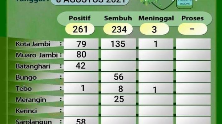 Berikut update terbaru Covid-19 di Provinsi Jambi, Minggu (08/08/2021), Kota Jambi dominan angka kesembuhan.