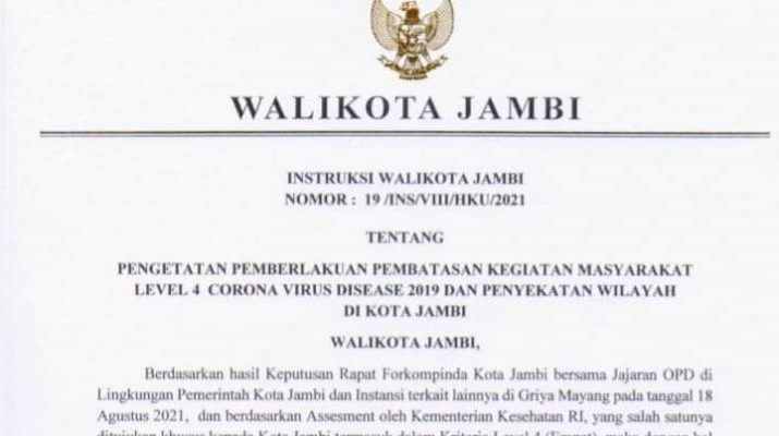 Pengetatan Penerapan Pembatasan Kegiatan Masyarakat atau PPKM resmi di mulai dini hari, Senin (23/08/2021) jam 12 nanti malam, hingga Minggu (29/08/2021) mendatang. Berikut Instruksi Walikota Jambi, Syarif Fasha.