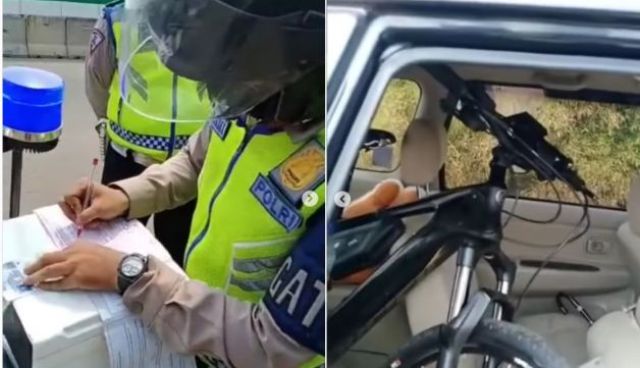 Seorang pengendara ini harus ditilang polisi, lantaran bawa sepeda di dalam mobil nya. Tak ayal, Ia pun di berhentikan oleh oknum polisi di tengah jalan.