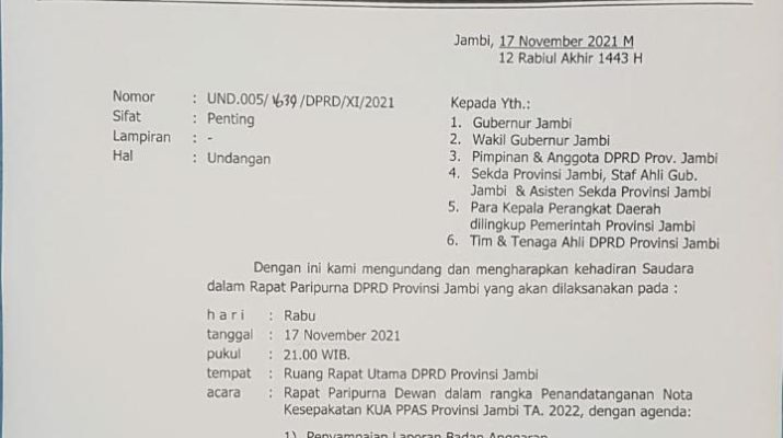 Pukul 21.00 WIB atau jam 9 malam hari ini, Rabu (17/11/2021) KUA (Kebijakan Umum APBD) beserta PPAS (Prioritas dan Plafon Anggaran Sementara), akan di teken Gubernur dan DPRD Provinsi Jambi.
