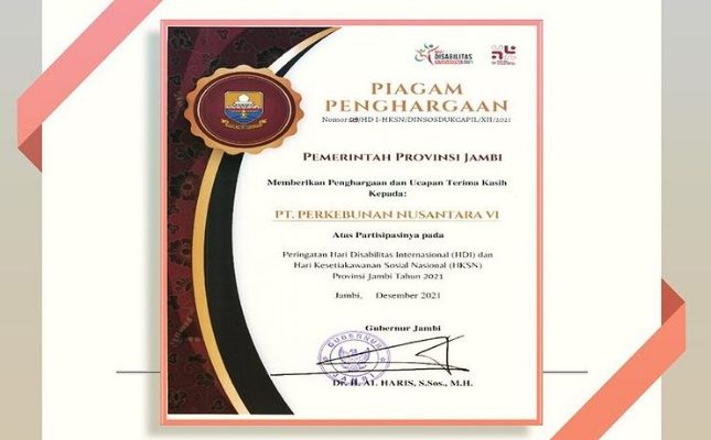 Perusahaan BUMN di Provinsi Jambi, PTPN 6 kembali meraih penghargaan bergengsi. Kali ini, datang dari Pemprov Jambi.