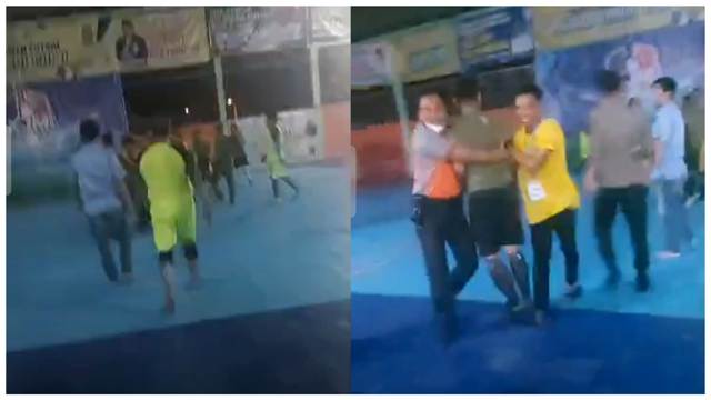 Laga futsal DPRD Merangin dan Kodim 0420 Rabu (25/5/22). Penonton yang hadir, mendadak menahan nafas setelah dewan adu jotos dengan TNI.