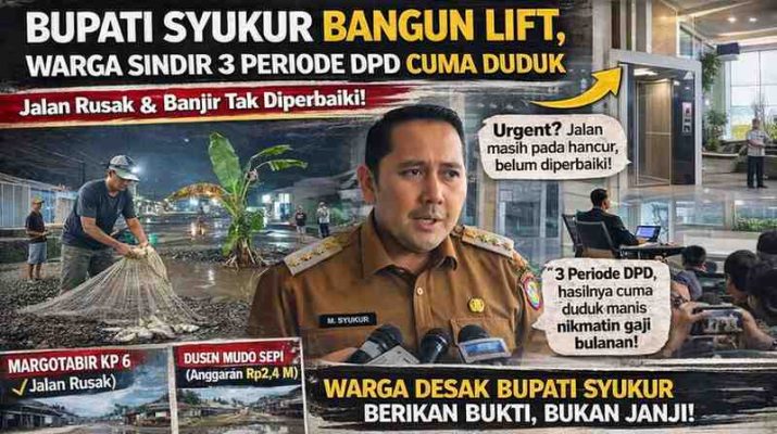 Bupati Merangin jadi sorotan publik. Setelah taman 3 M jadi rujakan warga, Bupati Syukur bangun lift kini warga sindir 3 periode di DPD bak tanpa hasil.