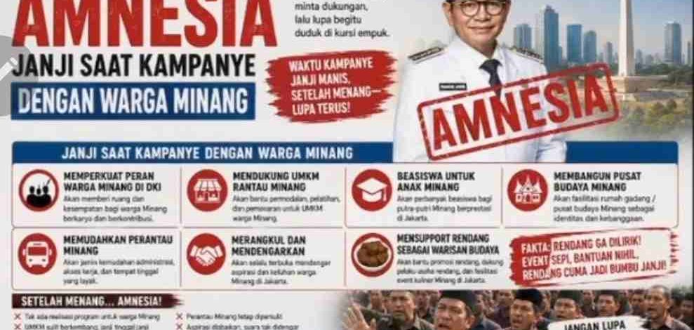 Forum Perantau Minang untuk Pram–Doel, M. Rafik Perkasa Dt Rajo Kuaso, menyampaikan kekecewaan mendalam terhadap Gubernur DKI Jakarta Pramono Anung