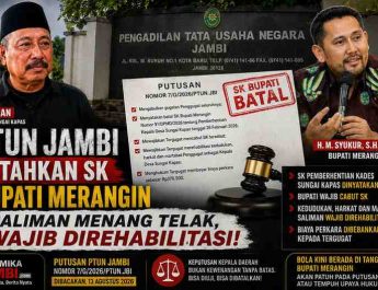 PTUN Jambi mengabulkan gugatan Saliman dan membatalkan SK Bupati Merangin tentang pemberhentian Kades Sungai Kapas