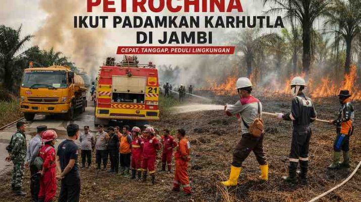 Petugas PetroChina International Jabung Ltd. bersama peralatan pemadam kebakaran melakukan penanganan kebakaran hutan dan lahan di wilayah operasi Jabung, Jambi.