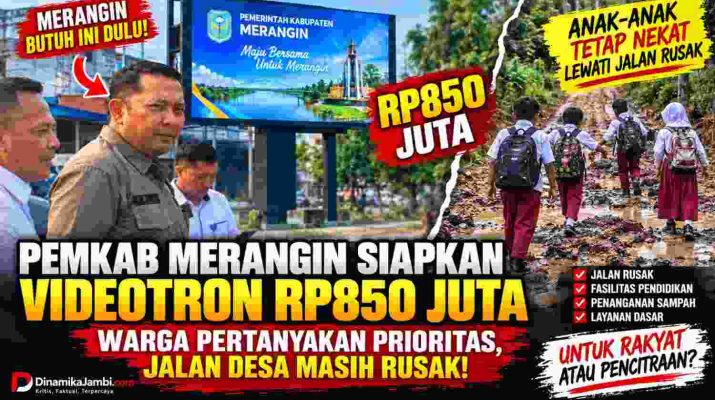 Bupati Merangin M Syukur meninjau lokasi videotron di Taman Kota Bangko, disandingkan dengan ilustrasi anak sekolah melewati jalan rusak.